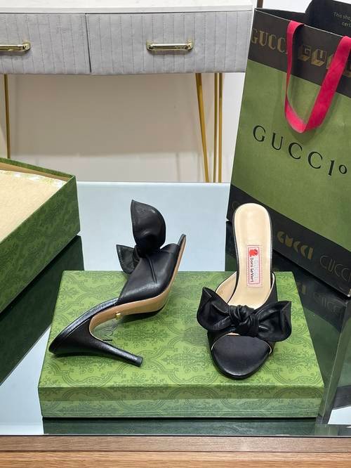 Design Brand G Womens Original Quality Genuine Leather 8.5cm Heeled Slippers 2023SS DXS04